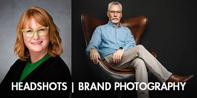 Professional headshots and brand photography featuring a smiling woman and a man in a studio setting.
